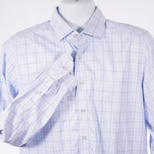 Emanuel Berg Modern Fit Men's 16.5 Large Blue Plaid Collared Dress Shirt Cotton